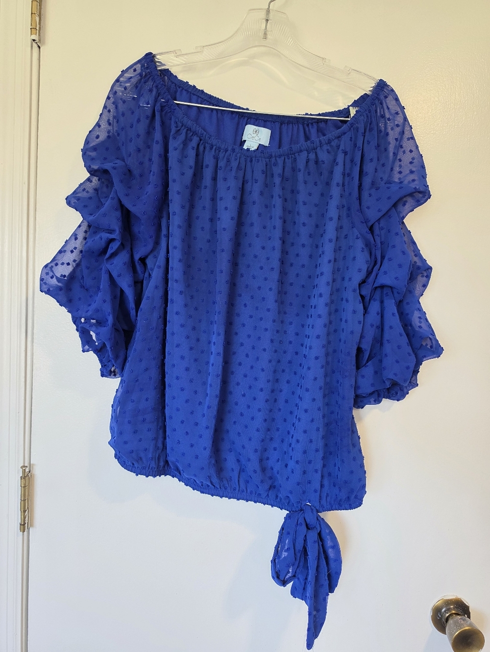 CeCe Elegant Royal Bright Blue Off The Shoulder Blouse top Bubble Sleeves Large